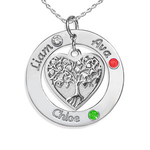 Personalized Round Family Tree Pendant with Three Birthstones   Names  Includes 18 Inch Chain