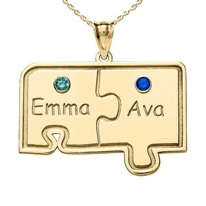 Personalized Family Two Piece Jigsaw Puzzle Pendant with Birthstones  Includes 18 Chain
