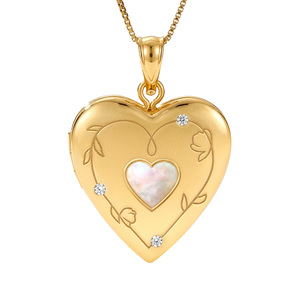Mother of Pearl Floral Engraved Heart Locket with Diamond Accents
