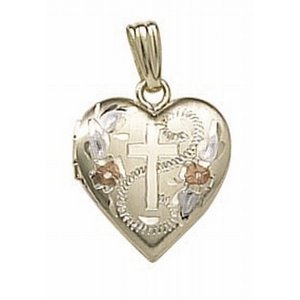 Solid 14K Yellow Gold Small Cross Heart Photo Locket