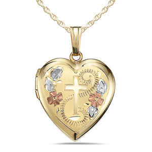 Yellow Gold Cross Heart Photo Locket