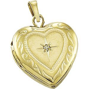 Solid 14K Yellow Gold Heart Photo Locket with Diamond