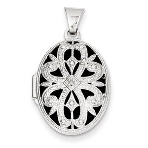 14k White Gold Oval Photo Locket with Diamond