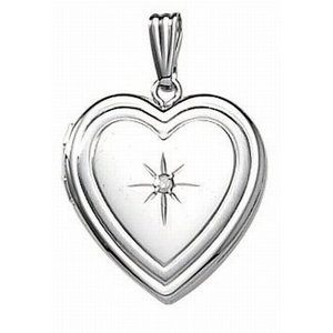 14k White Gold Heart Photo Locket with Diamond