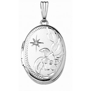 14k White Gold Engraved w Diamond Oval Locket