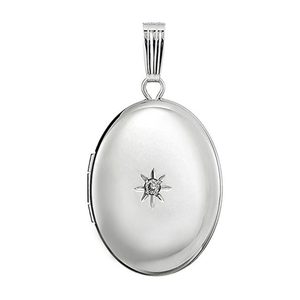 14k White Gold Oval Photo Locket with Diamond