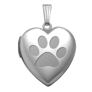 14k White Gold Dog Paw Print Heart Photo Locket