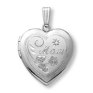 14k White Gold Mom Heart Photo Locket with Diamond