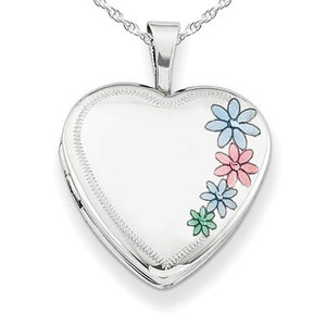 Sterling Silver Enameled Flower Heart Photo Locket