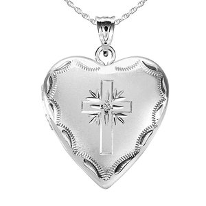 Sterling Silver Cross Heart Photo Locket with CZ