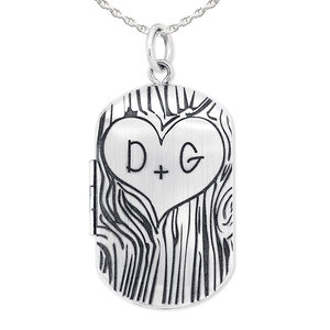 Sterling Silver Dog Tag Couples Tree Carving Photo Locket