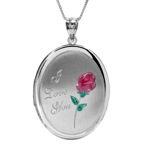 I Love You  w  Enamel Flower Oval Locket