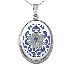 Sterling Silver Blue Lotus Oval Photo Locket