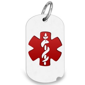 Sterling Silver Medical ID Dog Tag Charm or Pendant with Red Enamel