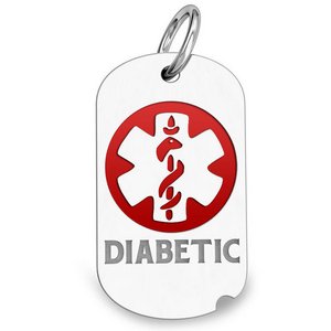 Sterling Silver Diabetic Dog Tag Charm or Pendant with Red Enamel