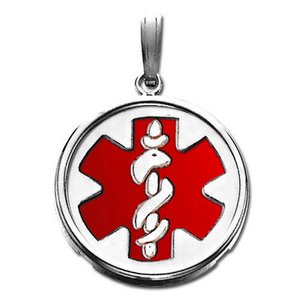 14k White Gold Medical ID Round Bezel Frame Charm or Pendant with Red Enamel