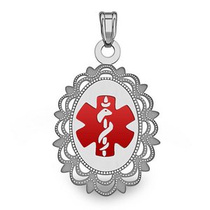 14k White Gold Medical ID Oval Charm or Pendant with Red Enamel