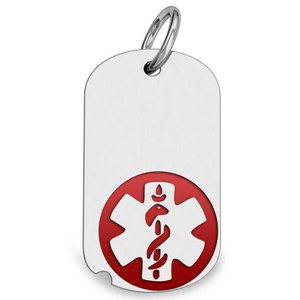 14k White Gold Medical ID Dog Tag Charm or Pendant with Red Enamel