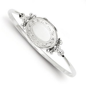 Sterling Silver Oval With Decorative Border Locket Bangle Bracelet