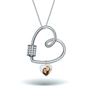 Carabiner Heart Pendant Necklace with CZ Barrel and Dangle Photo Charms   Chain Included