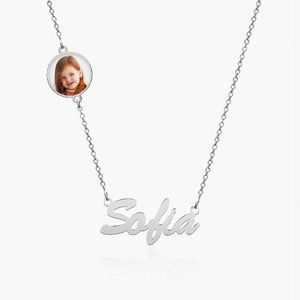 Personalized Name Necklace with Round Photo Charm