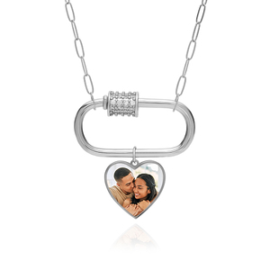 Carabiner Rectangle Pendant Necklace with CZ Barrel and Dangle Photo Charms   Chain Included