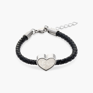 Fingerprint Leather Rope Bracelet w  Stainless Steel Heart Charm