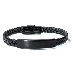 Engraved Black Stainless Steel ID Bracelet with Black Leather Rope Band